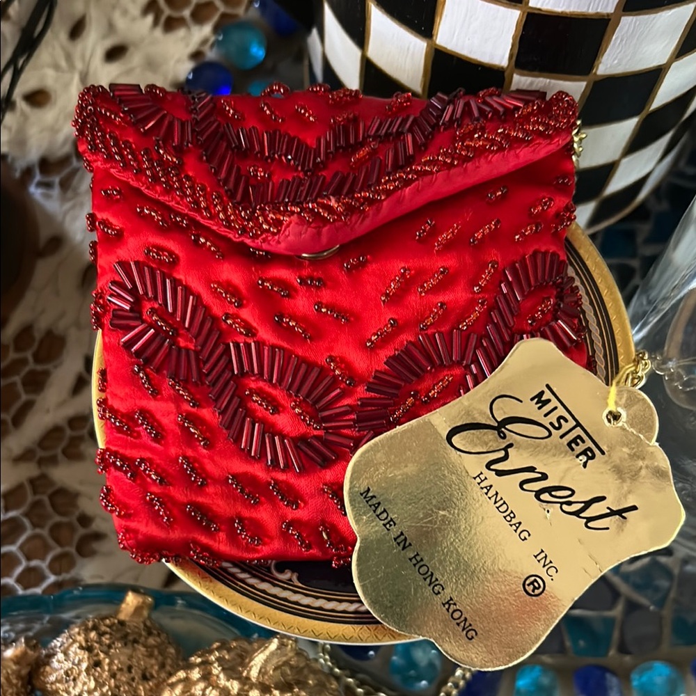 Vintage MISTER ERNEST Mini Formal Evening Red Beaded Crossbody Bag